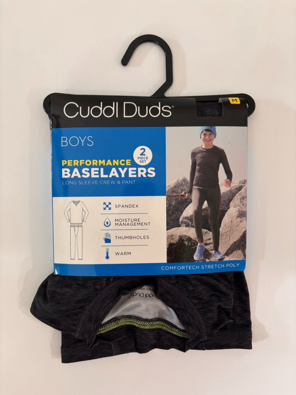 Cuddl Duds Boys Stretch Poly 2 pc. Long Sleeve Crew & Pant Set-Y MED-NEW